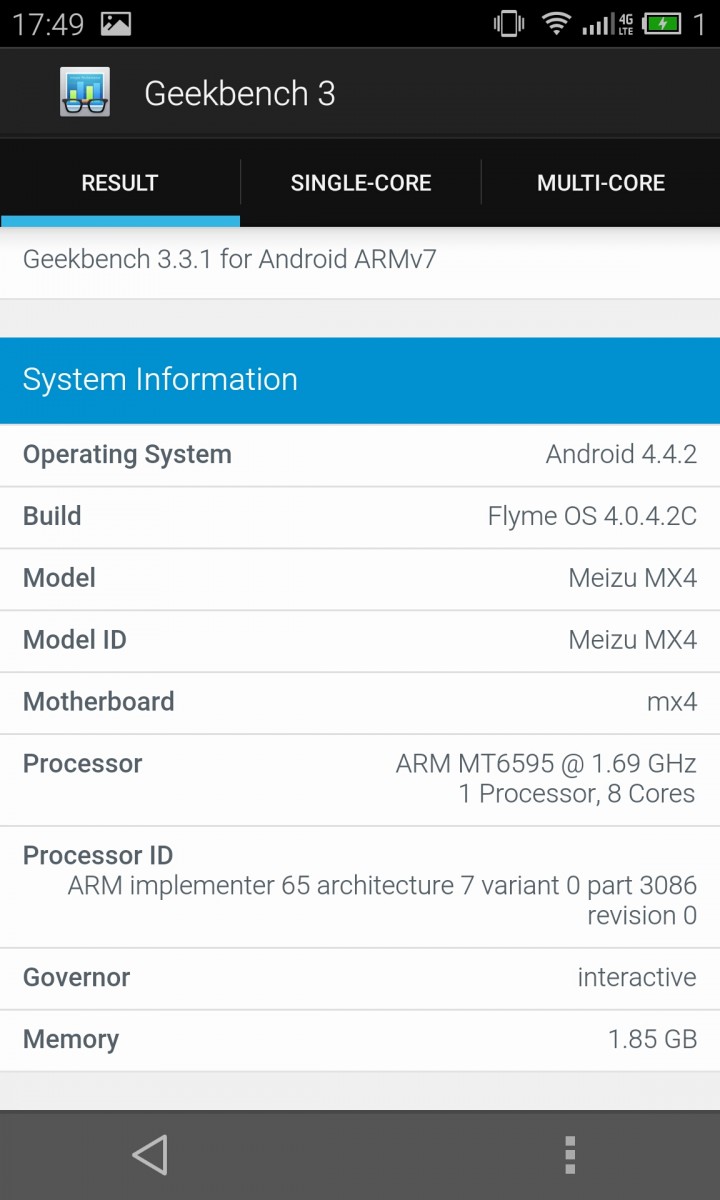 Geek Bench 3 benchmark Meizu Mx4 pic