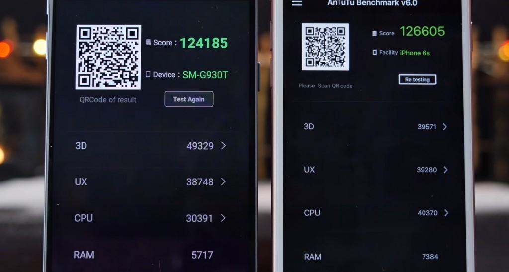 Samsung S7 vs iPhone 6s antutu