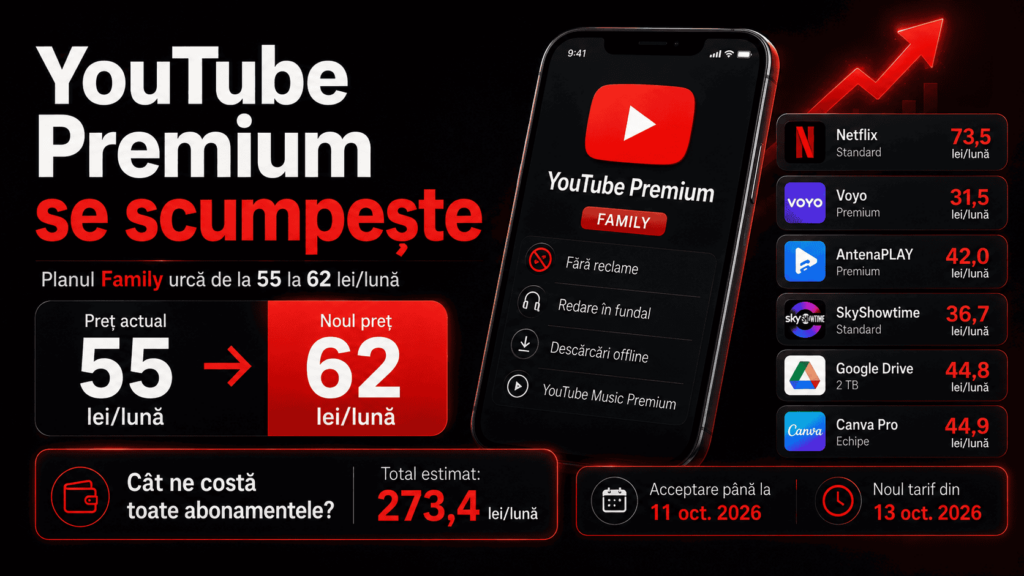 YouTube Premium se scumpește în România, planul Family crește de la 55 la 62 lei pe lună