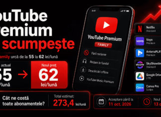 YouTube Premium se scumpește în România, planul Family crește de la 55 la 62 lei pe lună